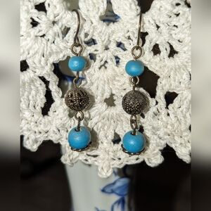 Brass Dangle Wood Bead Ornate Earrings